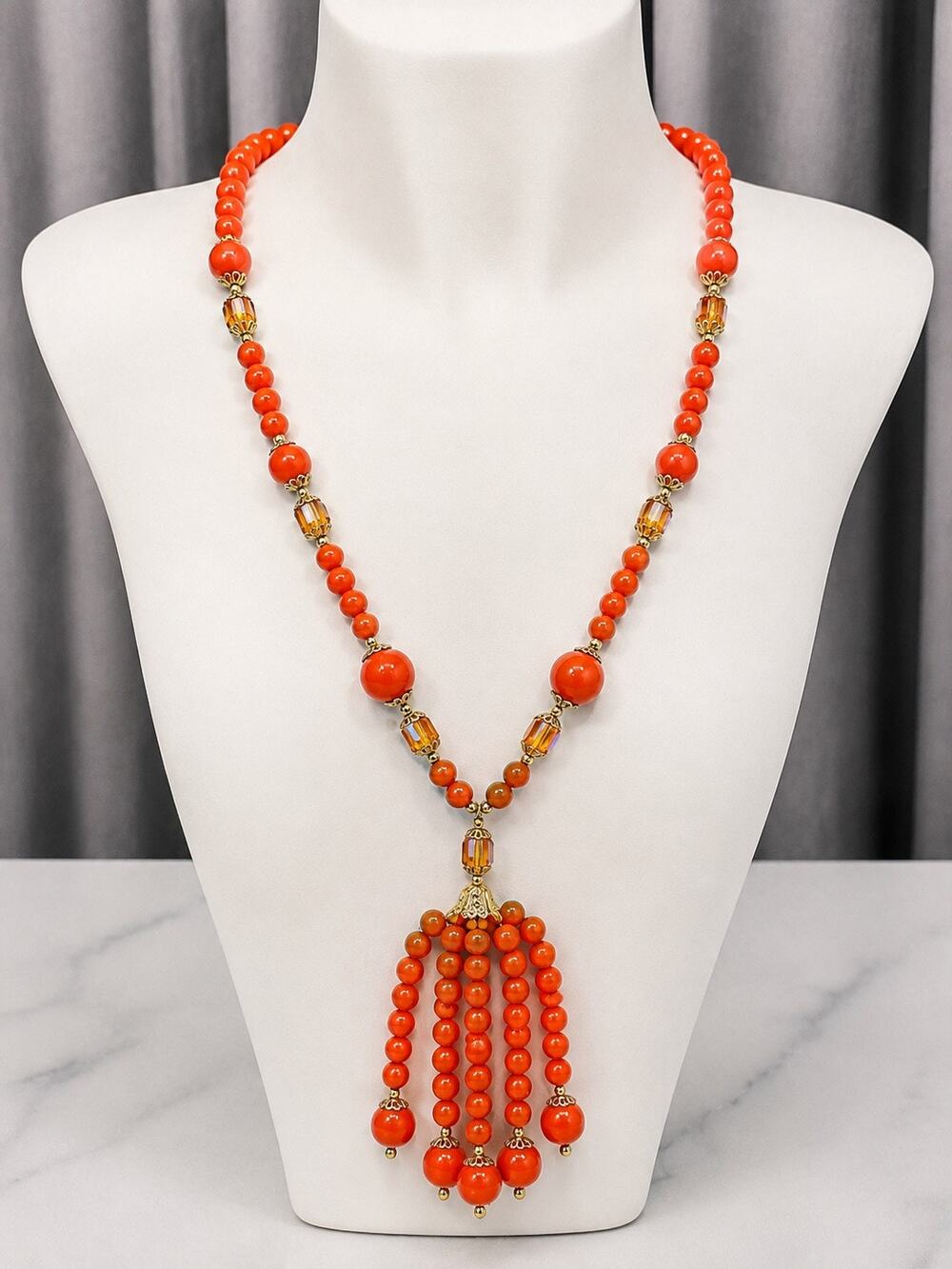 Vintage Orange Beaded Tassel Fringe Necklace Statement 22”